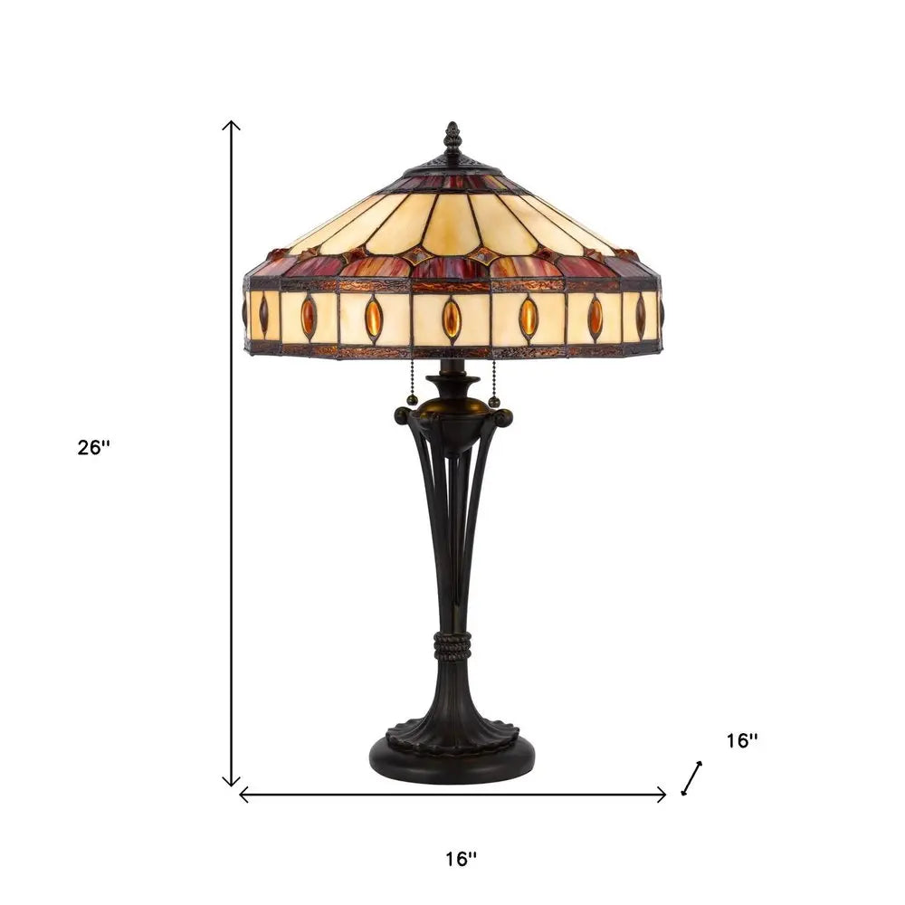 26" Black Metal Two Light Candlestick Table Lamp With Ivory and Red Dome Shade HomeRoots