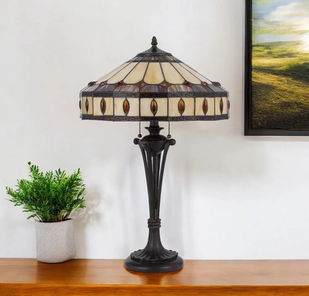 26" Black Metal Two Light Candlestick Table Lamp With Ivory and Red Dome Shade HomeRoots