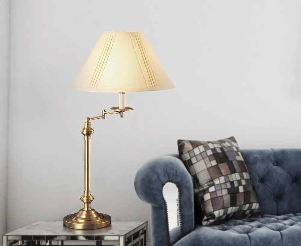 30" Bronze Metal Swing Arm Table Lamp With Off White Empire Shade HomeRoots