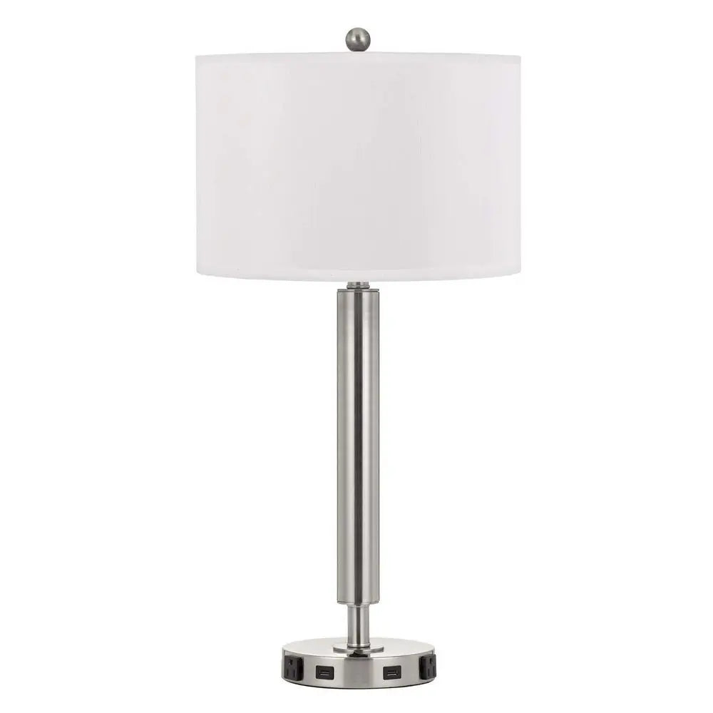 30" Nickel Metal Cylinder USB Table Lamp With White Drum Shade HomeRoots