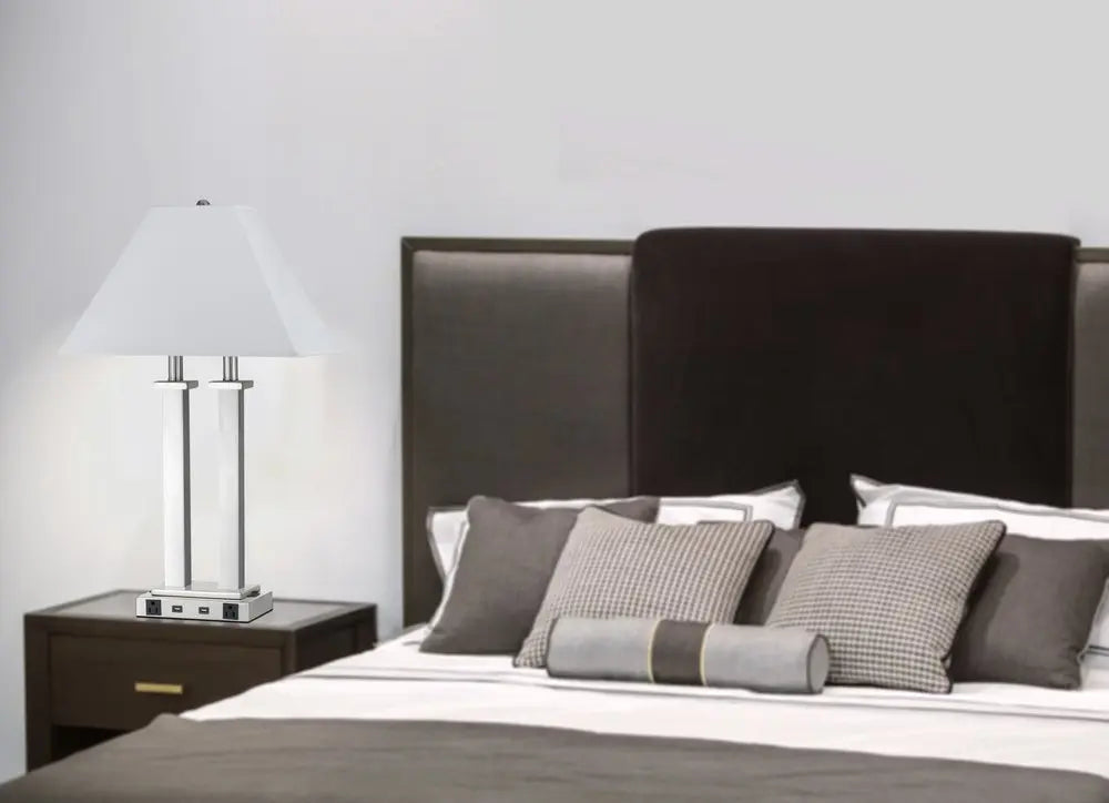 26" Nickel Metal Two Light Desk USB Table Lamp With White Novelty Shade HomeRoots