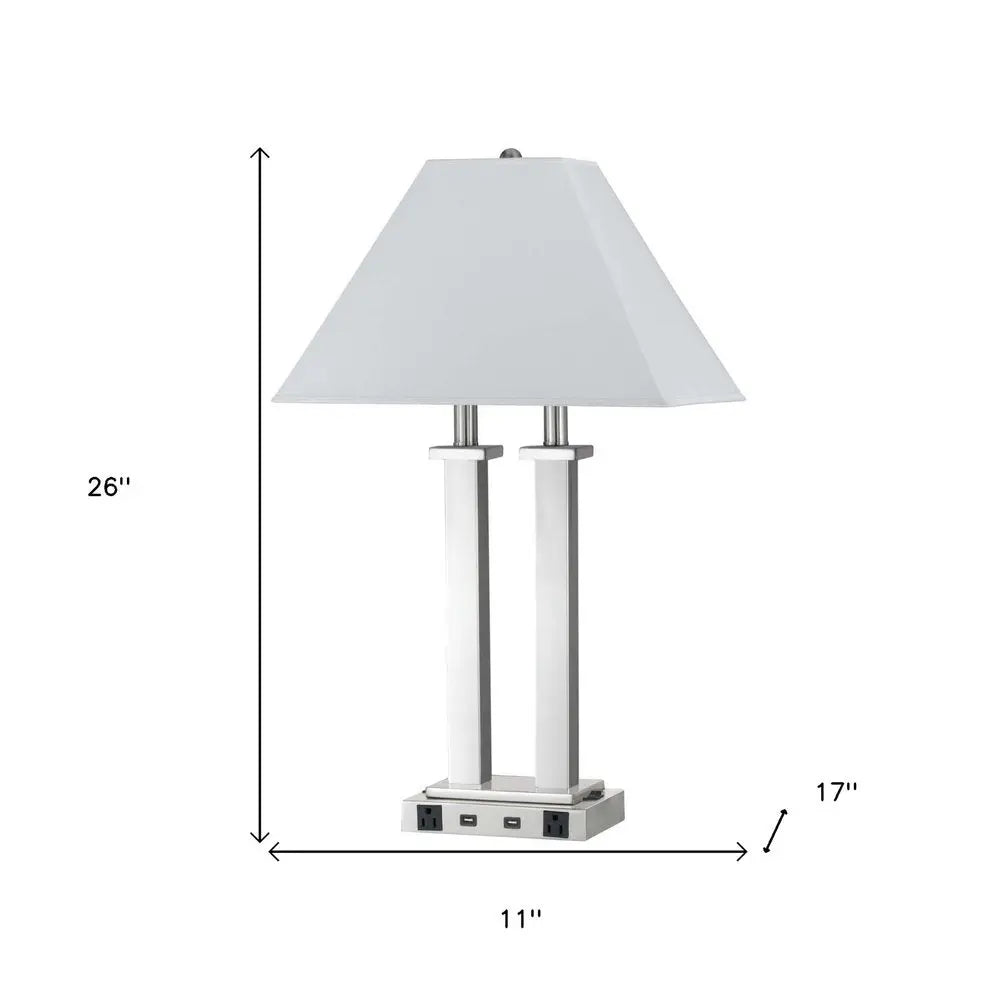 26" Nickel Metal Two Light Desk USB Table Lamp With White Novelty Shade HomeRoots