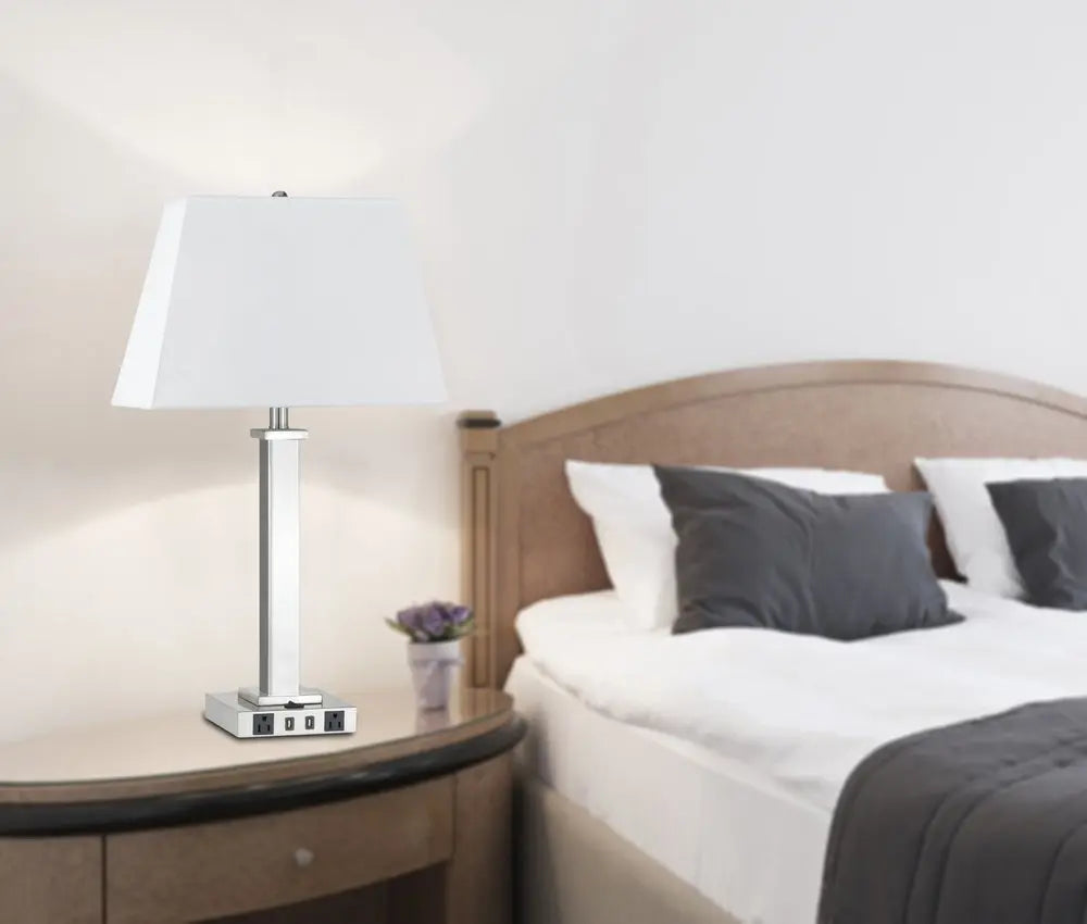 28" Nickel Metal USB Table Lamp With White Shade HomeRoots