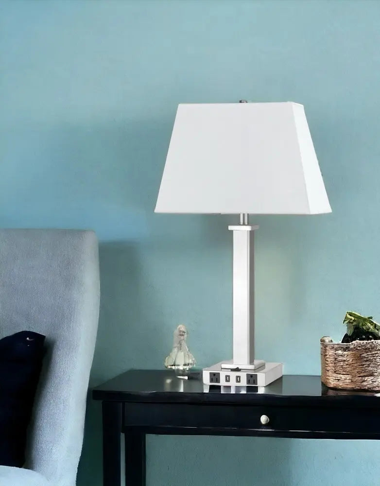 28" Nickel Metal USB Table Lamp With White Shade HomeRoots