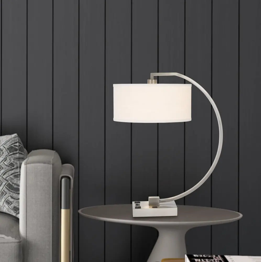 26" Nickel Metal Lantern Desk USB Table Lamp With White Shade HomeRoots