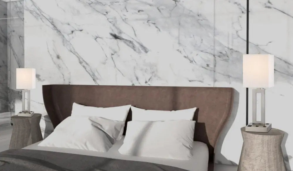 24" Nickel Metal Desk Usb Table Lamp With White Drum Shade HomeRoots