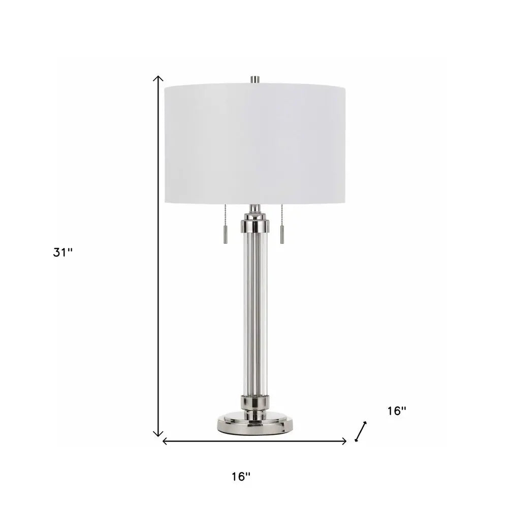 31" Silver Metallic Metal Two Light Cylinder Table Lamp With White Drum Shade HomeRoots