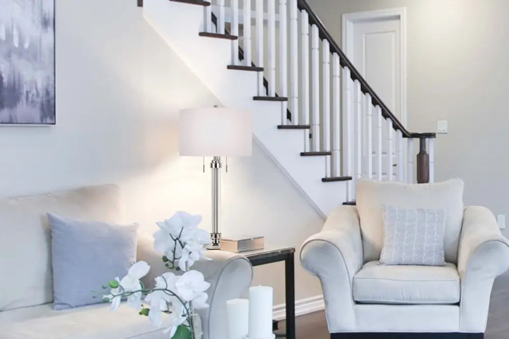 31" Silver Metallic Metal Two Light Cylinder Table Lamp With White Drum Shade HomeRoots