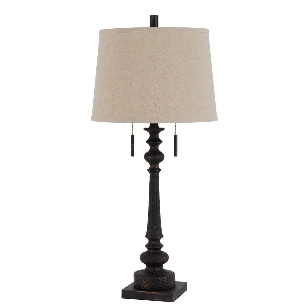 32" Charcoal Two Light Table Lamp With Tan Drum Shade HomeRoots
