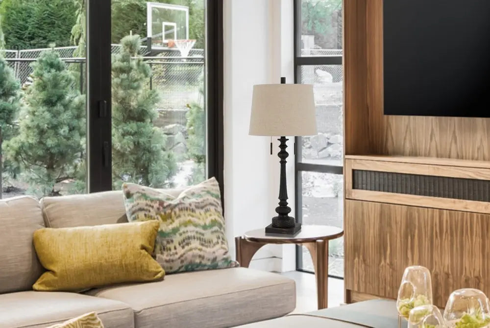 32" Charcoal Two Light Table Lamp With Tan Drum Shade HomeRoots