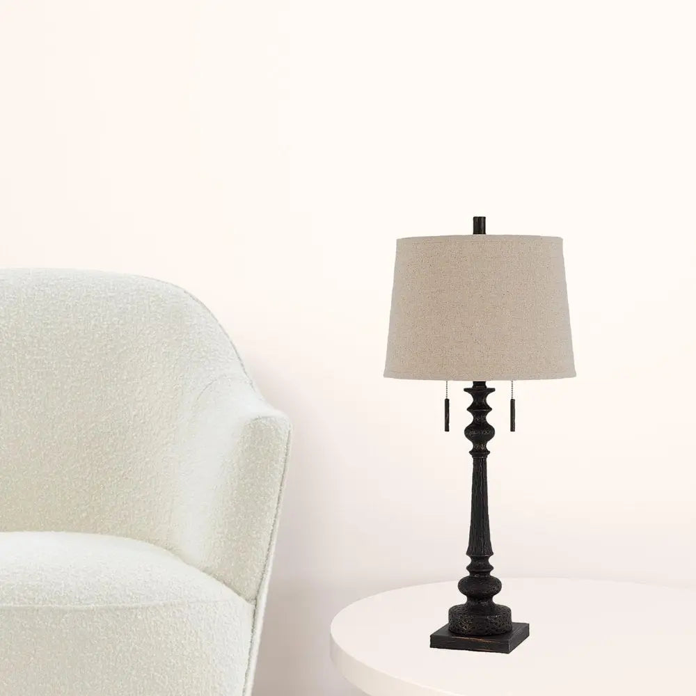 32" Charcoal Two Light Table Lamp With Tan Drum Shade HomeRoots