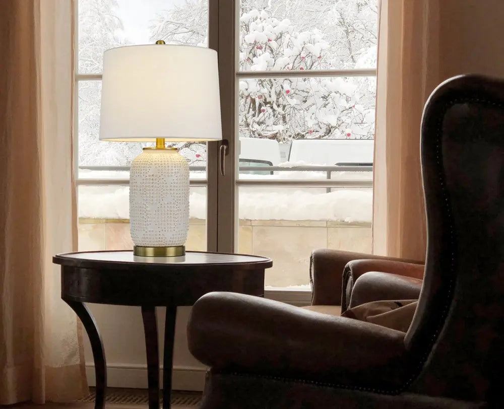 24" Ivory Metal Table Lamp With White Drum Shade HomeRoots