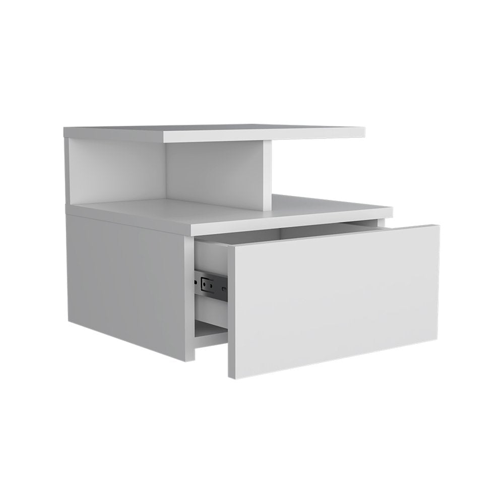 Mesita de noche flotante de madera blanca de 12" con un cajón