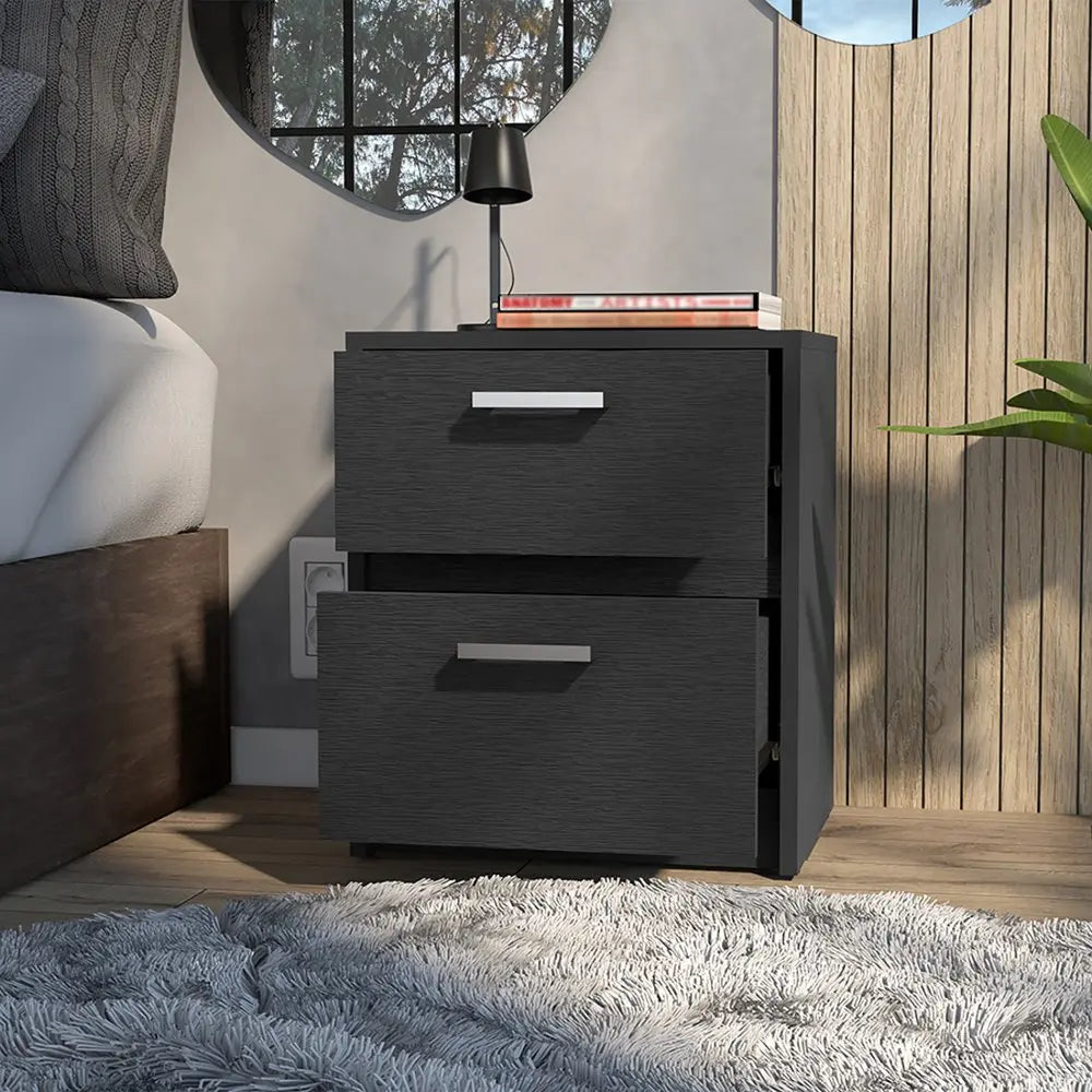 19" Black Wood Two Drawer Nightstand HomeRoots