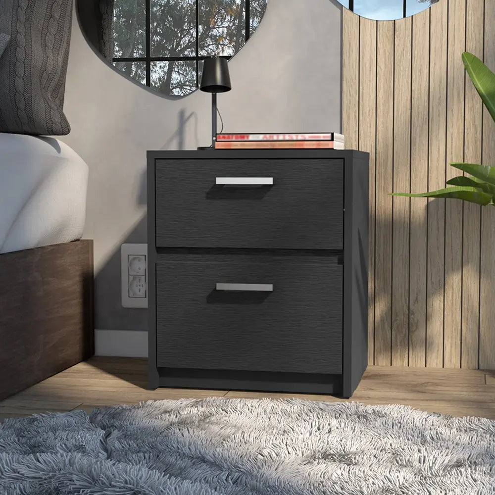 19" Black Wood Two Drawer Nightstand HomeRoots