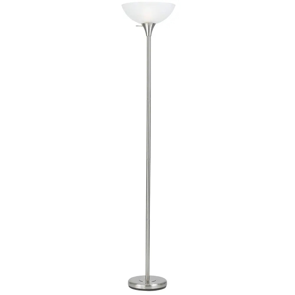 70" Nickel Metal Torchiere Floor Lamp With White Glass Dome Shade HomeRoots