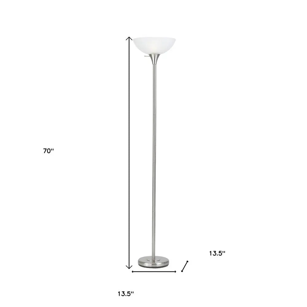70" Nickel Metal Torchiere Floor Lamp With White Glass Dome Shade HomeRoots