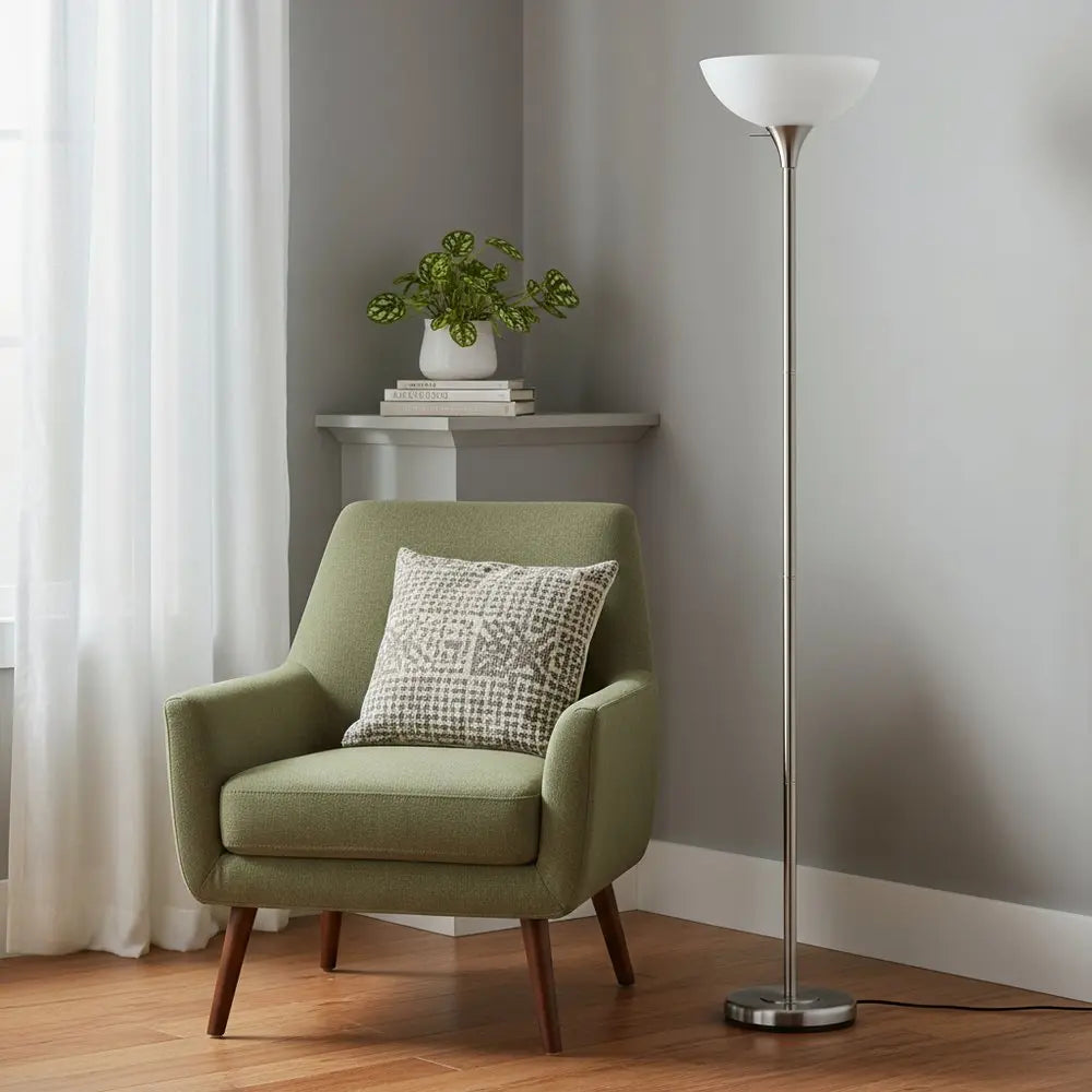 70" Nickel Metal Torchiere Floor Lamp With White Glass Dome Shade HomeRoots