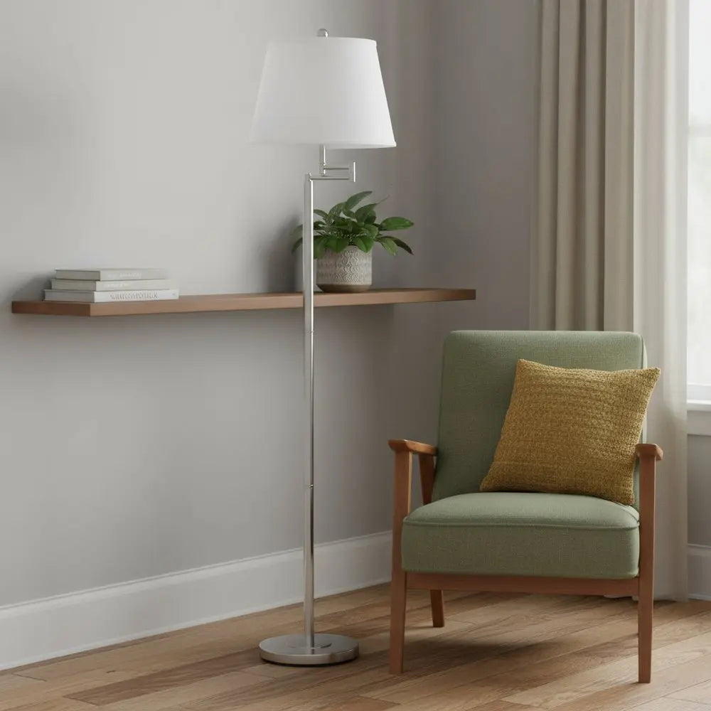 60" Nickel Swing Arm Floor Lamp With White Square Shade HomeRoots