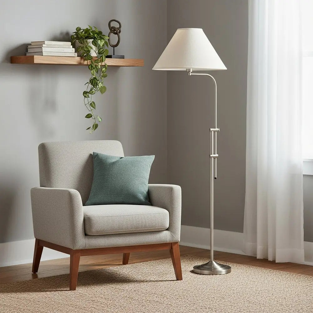 68" Nickel Adjustable Floor Lamp With White Fabric Empire Shade HomeRoots