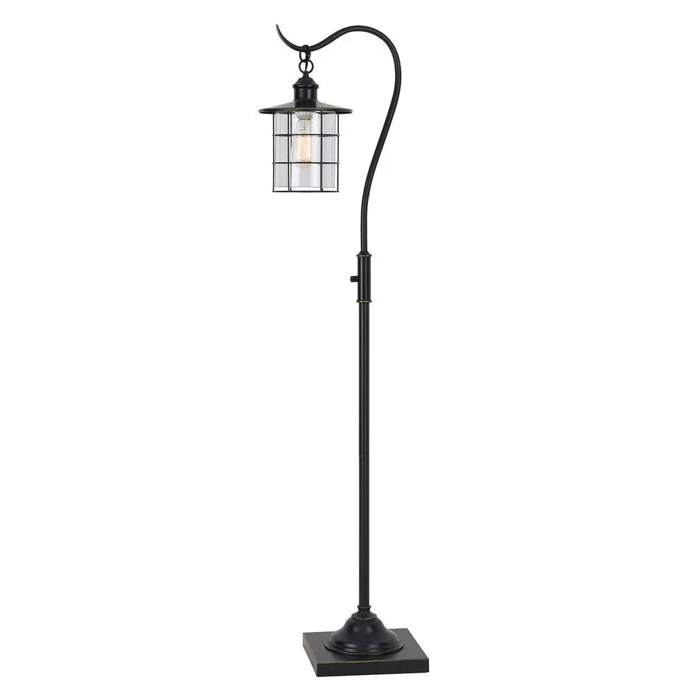 60" Antiqued Bronze Lantern Style Floor Lamp With Glass and Metal Shade HomeRoots