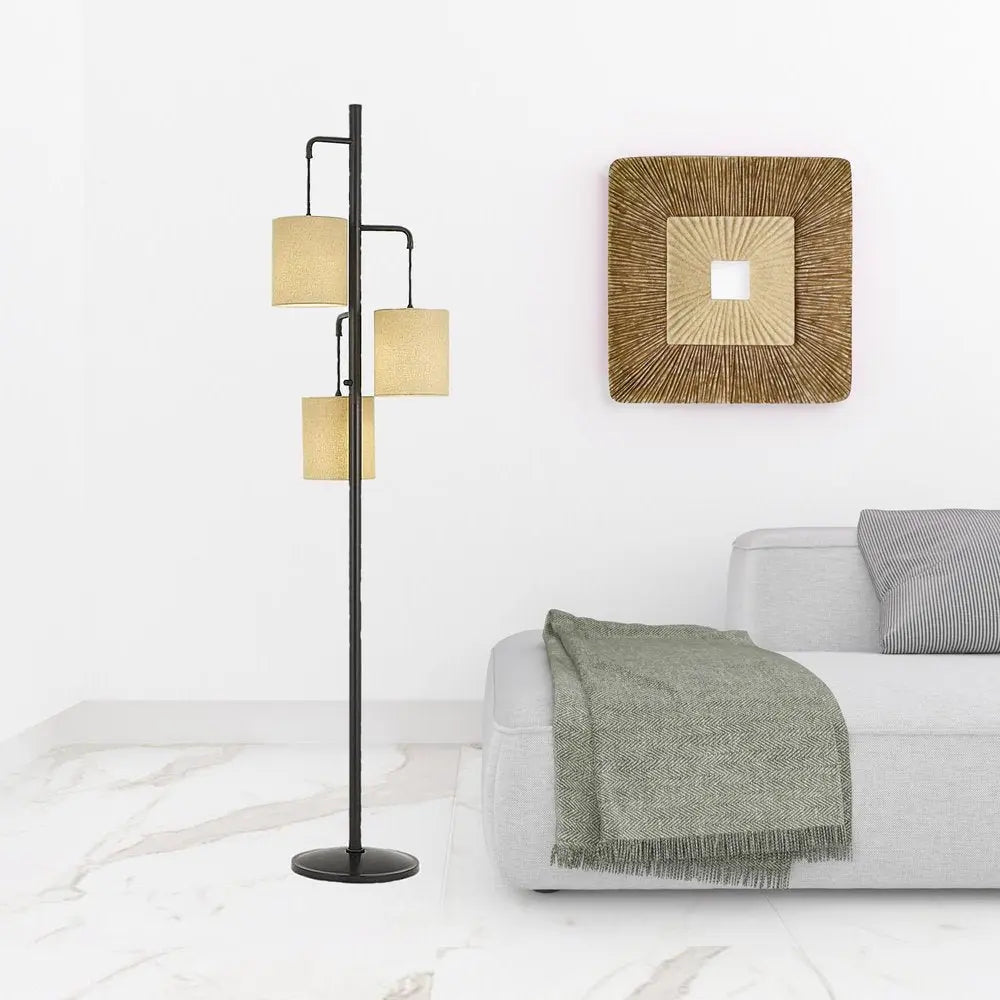 72" Bronze Three Light Traditional Shaped Floor Lamp With Beige Drum Shade HomeRoots