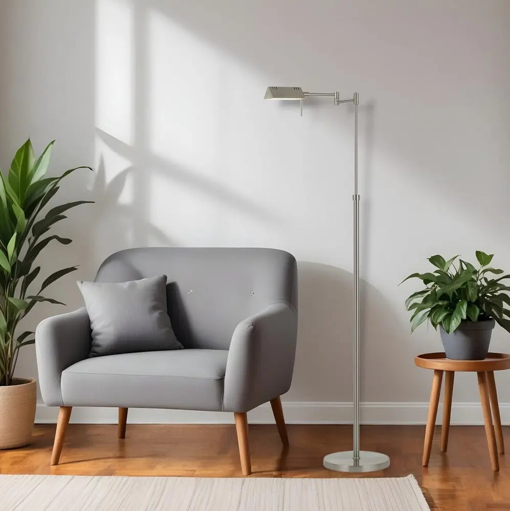 61" Nickel Metal Adjustable Swing Arm Floor Lamp With Gray Shade HomeRoots