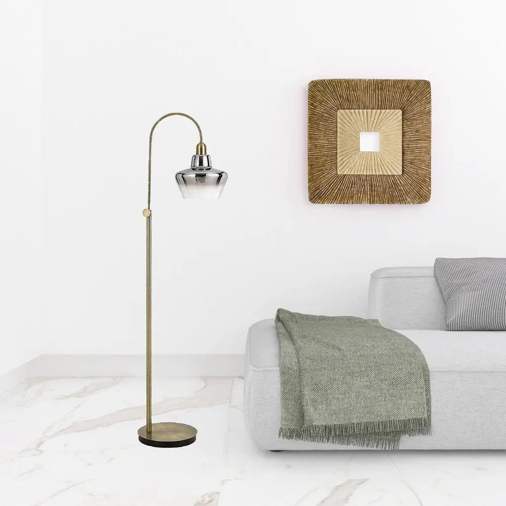 61" Brass Adjustable Arc Floor Lamp With Antiqued Brass Mirrored Glass Novelty Shade HomeRoots