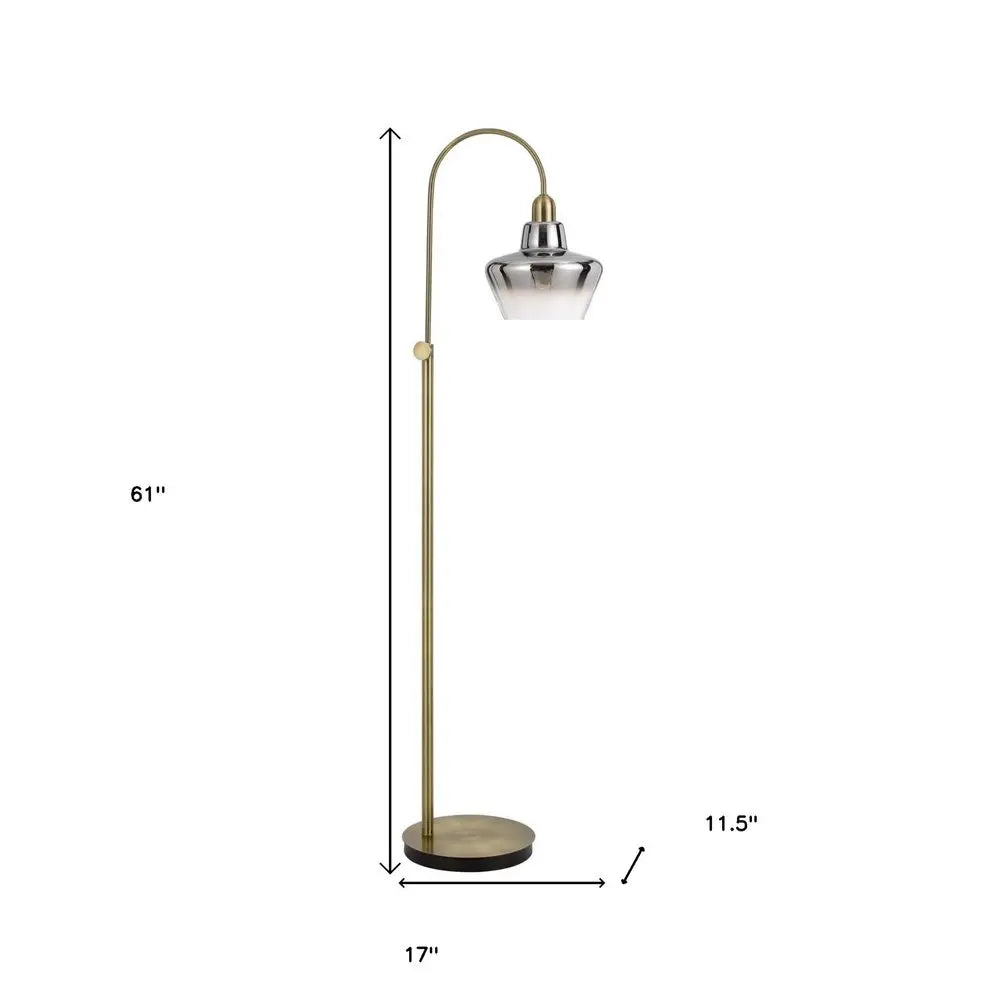 61" Brass Adjustable Arc Floor Lamp With Antiqued Brass Mirrored Glass Novelty Shade HomeRoots