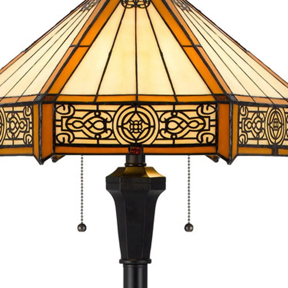 60" Bronze Two Light Traditional Shaped Floor Lamp With Orange and Ivory Abstract Tiffany Glass Empire Shade HomeRoots