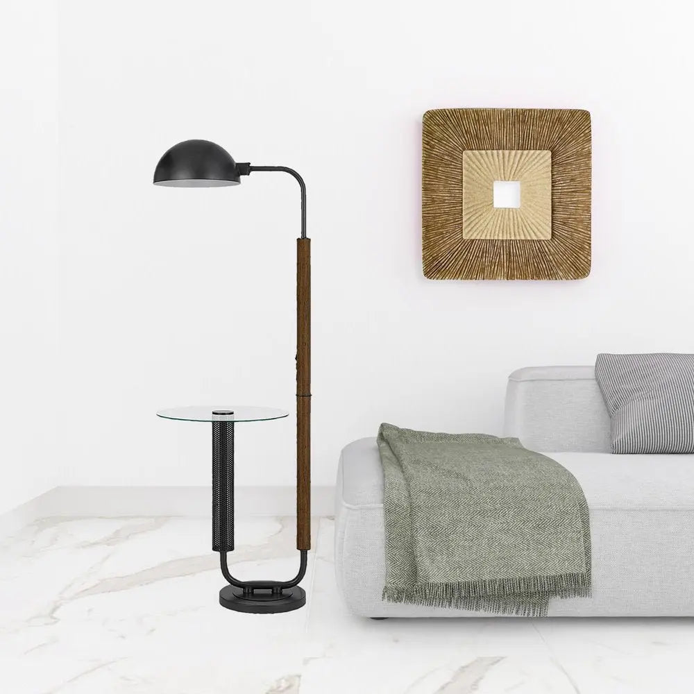 63" Brown Tray Table Floor Lamp With Bronze Transparent Glass Dome Shade HomeRoots