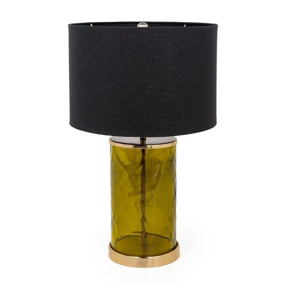 22" Green Glass LED Table Lamp With Black Drum Shade HomeRoots