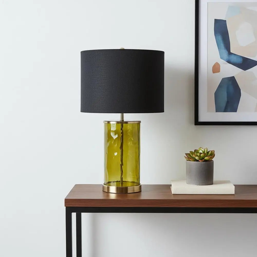 22" Green Glass LED Table Lamp With Black Drum Shade HomeRoots