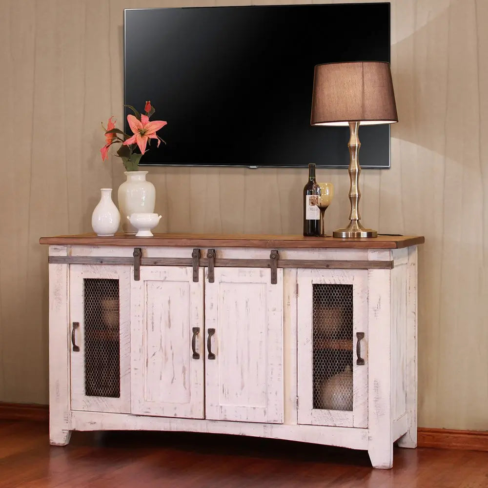 60" White Solid Wood Cabinet Enclosed Storage Distressed TV Stand HomeRoots