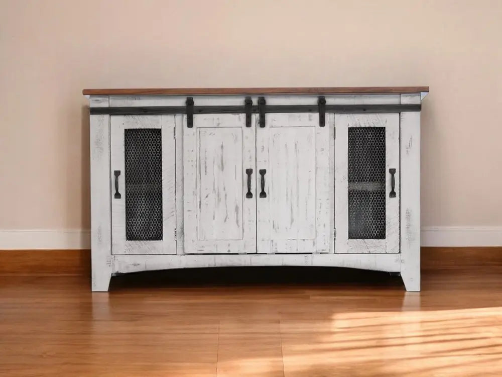 60" White Solid Wood Cabinet Enclosed Storage Distressed TV Stand HomeRoots