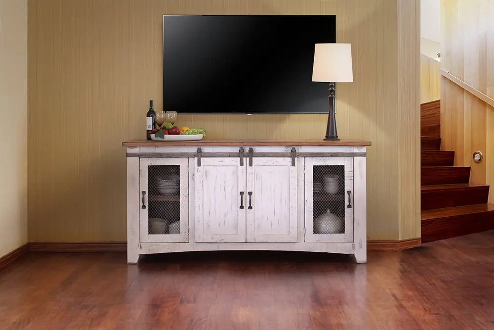 70" White Solid Wood Cabinet Enclosed Storage Distressed TV Stand HomeRoots