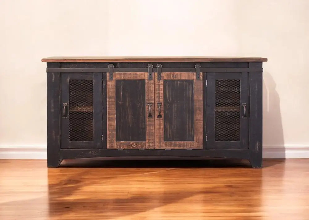 60" Black Solid Wood Cabinet Enclosed Storage Distressed TV Stand HomeRoots
