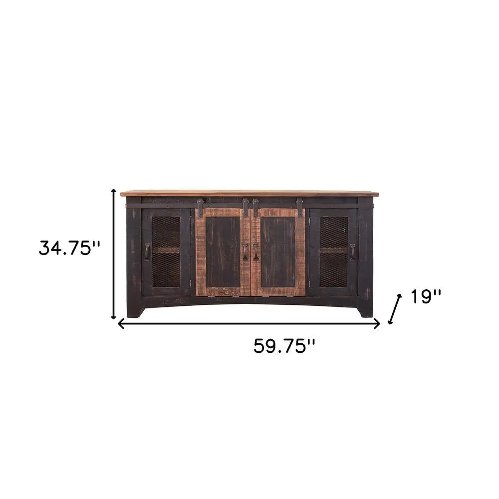 60" Black Solid Wood Cabinet Enclosed Storage Distressed TV Stand HomeRoots