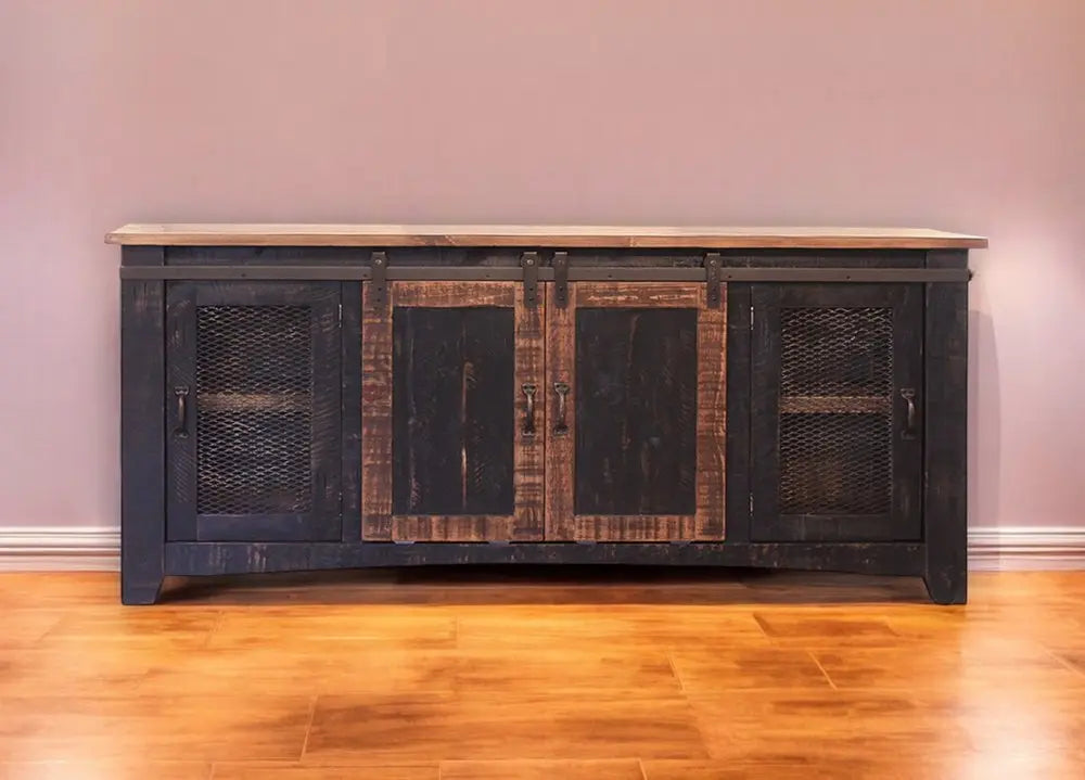 70" Black Solid Wood Cabinet Enclosed Storage Distressed TV Stand HomeRoots