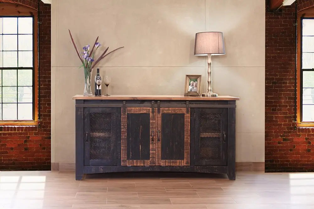 70" Black Solid Wood Cabinet Enclosed Storage Distressed TV Stand HomeRoots