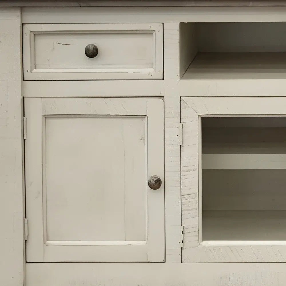 60" Ivory Solid Wood Open shelving Distressed TV Stand HomeRoots