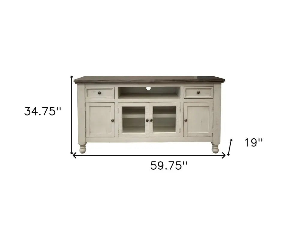 60" Ivory Solid Wood Open shelving Distressed TV Stand HomeRoots