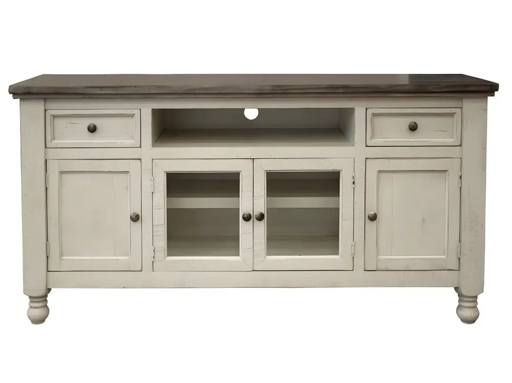 60" Ivory Solid Wood Open shelving Distressed TV Stand HomeRoots
