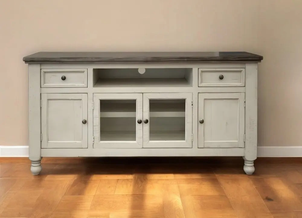 60" Ivory Solid Wood Open shelving Distressed TV Stand HomeRoots