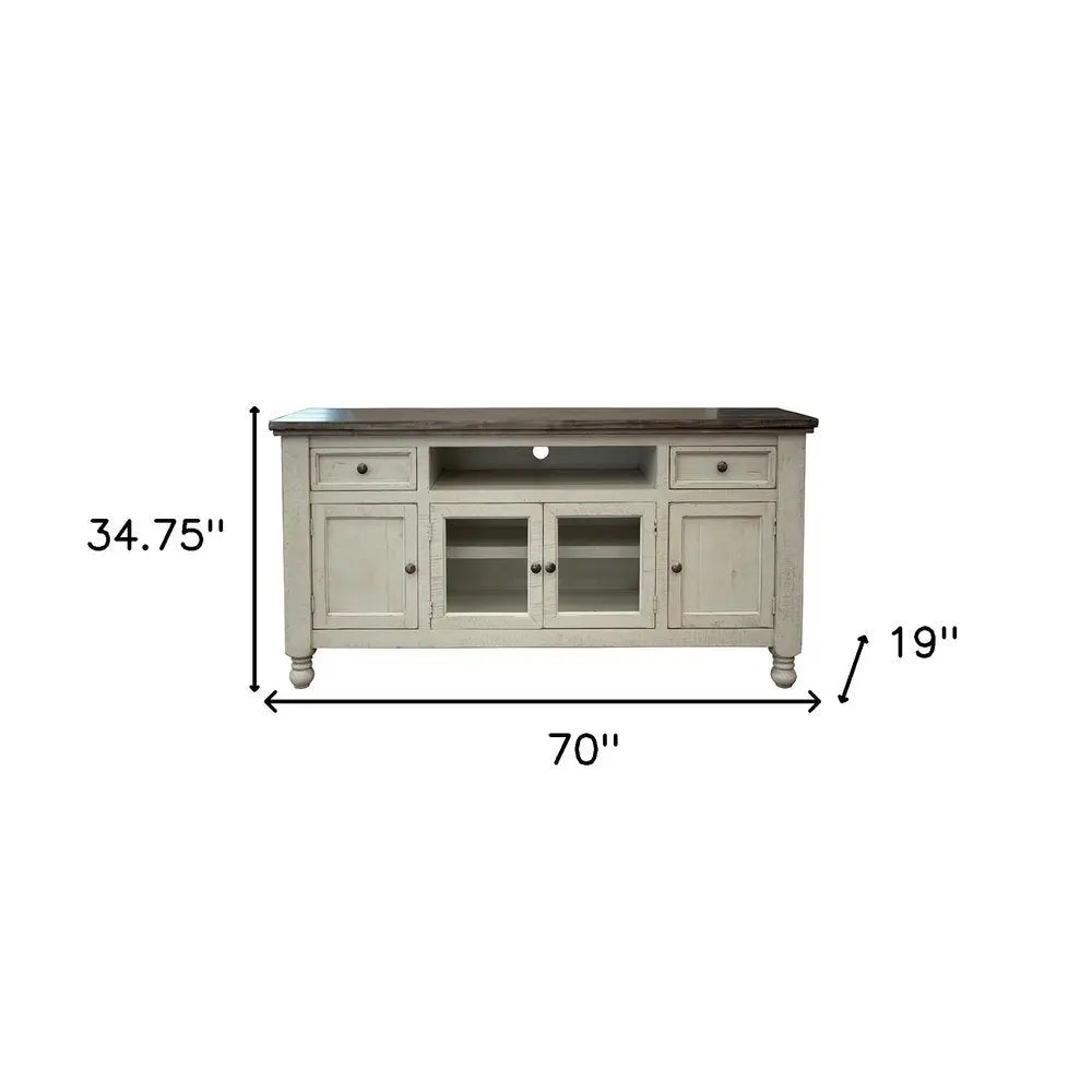 70" Ivory Solid Wood Enclosed Storage Distressed TV Stand HomeRoots