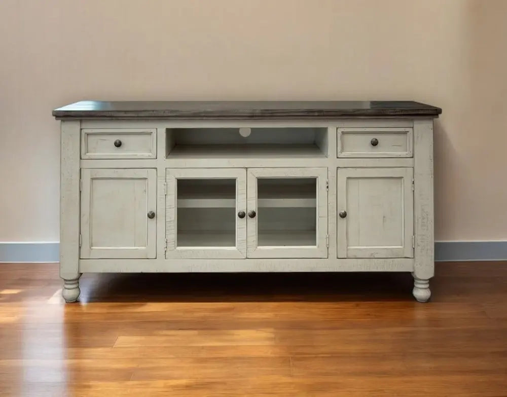 70" Ivory Solid Wood Enclosed Storage Distressed TV Stand HomeRoots