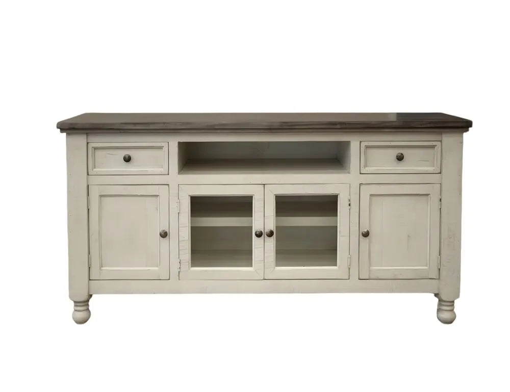 79" Ivory Solid Wood Open shelving Distressed TV Stand HomeRoots