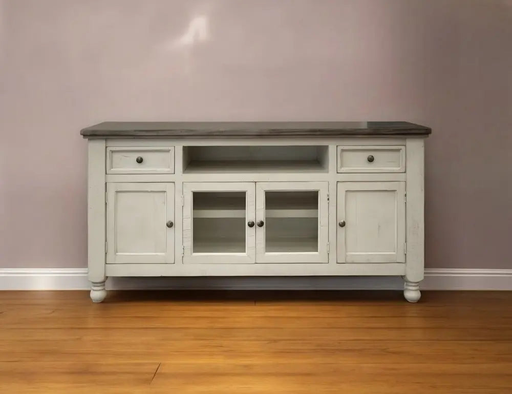 79" Ivory Solid Wood Open shelving Distressed TV Stand HomeRoots