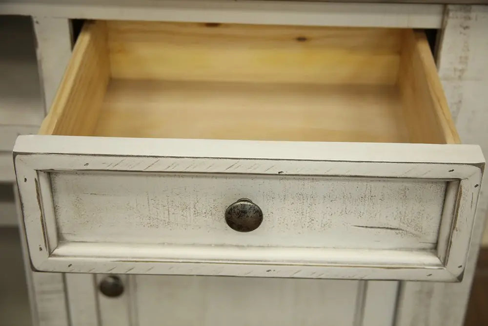 79" Ivory Solid Wood Open shelving Distressed TV Stand HomeRoots