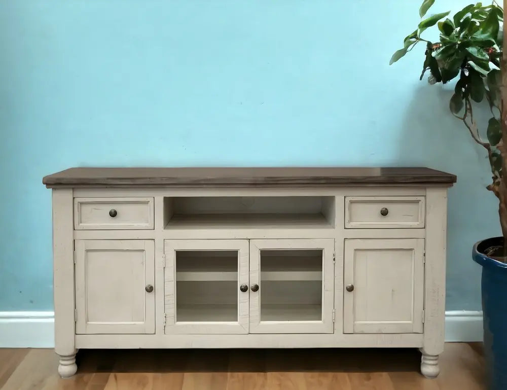79" Ivory Solid Wood Open shelving Distressed TV Stand HomeRoots